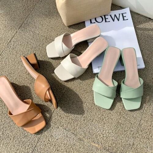 2020 Summer Slippers Semi-High Heeled Chunky Heel Solid Color Daily Simple Womens Slippers