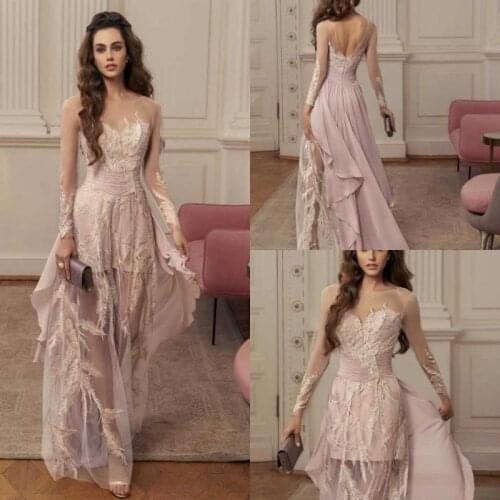 2020 Evening Dresses Jewel Long Sleeves Lace Appliques Special Occasion Gowns Backless Floor Length Party Prom Dress