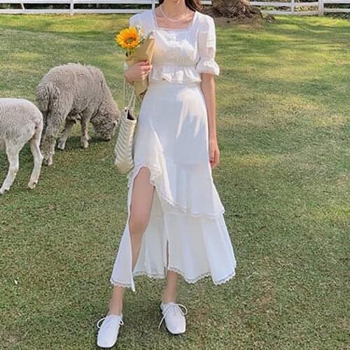 HOUZHOU Elegant Irregular Long Skirt Women Kawaii Vintage High Waist Patchwork Lace Side Slit Ruffles Midi Skirt Summer Fashion