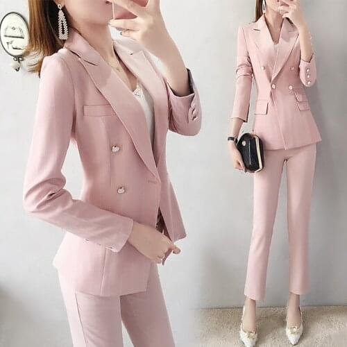 Spring woman Work Pant Suits OL 2 Piece Sets Double Breasted pink Blazer Jacket & Zipper Trousers Suit For Women Set Feminino