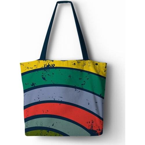 Colorful rainbow printed Handbag Linen polyester shopping Tote Home Storage Bags with Casual Traveling Beach Bags
