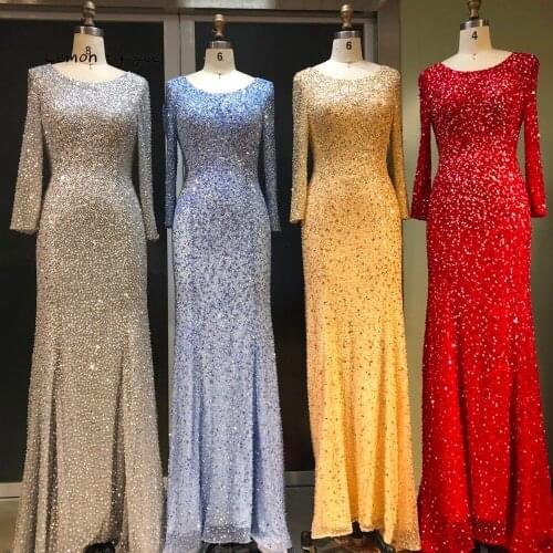Lemon joyce Formal Evening Dresses Long 2020 Elegant O-neck Long Sleeves Sexy Beading Backless Party Gowns robe de soiree