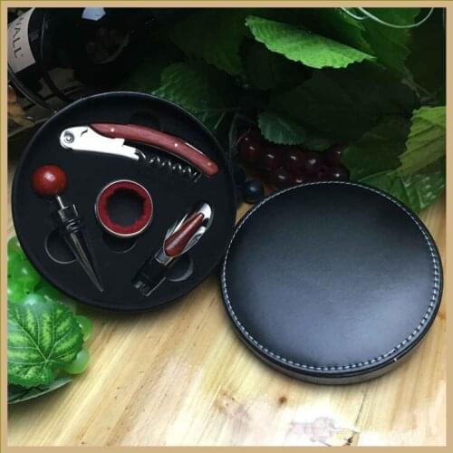 Hot sell Red Wine Bottle Opener 4Pcs In One Set with Black Leather Gift Box Wines Accessory