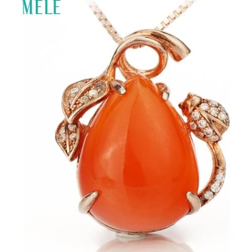 MELE Natural red agate silver pendant, pears 13mm*18mm, deep and bright red color, brings luck to you, romantic style
