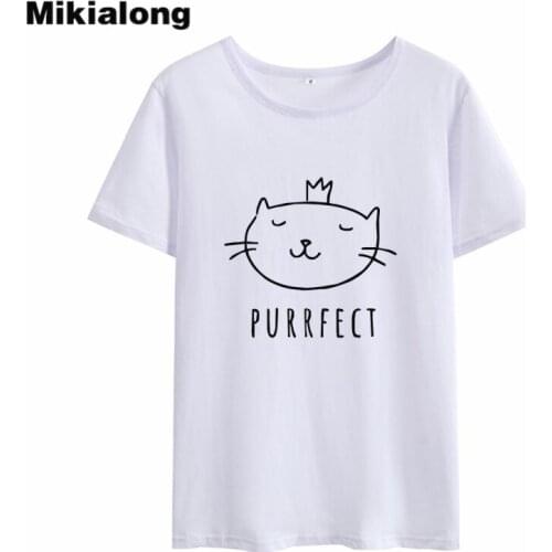 Mikialong Cartoon Cat Kawaii Tee Shirt Femme 2018 Summer Short Sleeve Cotton Tshirt Women Black White Casual Women Tops