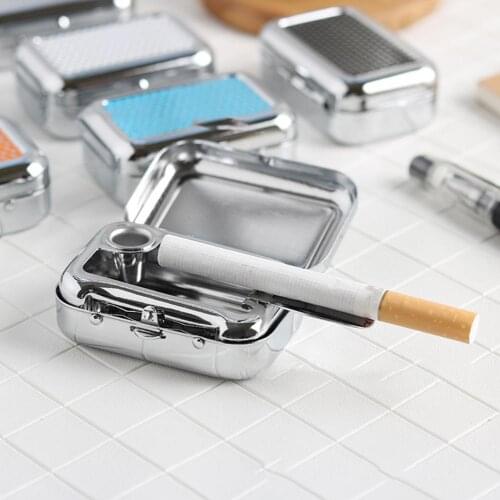 Ashtray with Lockable Lid Portable Metal Desktop Smoking cigaret Ash Case Windproof Rectangular Eco-Friendly Useful Smoke Pocket