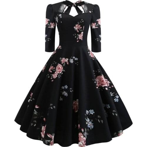 Floral Print Back Tie Pin Up Dress 2020 Spring Ladies Elegant Party Dress A Line Cotton Vintage Retro Swing Dress Women Clothes