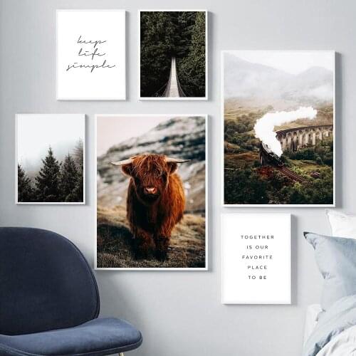Nature Train Landscape Canvas Print Scandinavian Poster Nordic Style Animal Cow Wall Art Painting Picture Modern Home Decoration