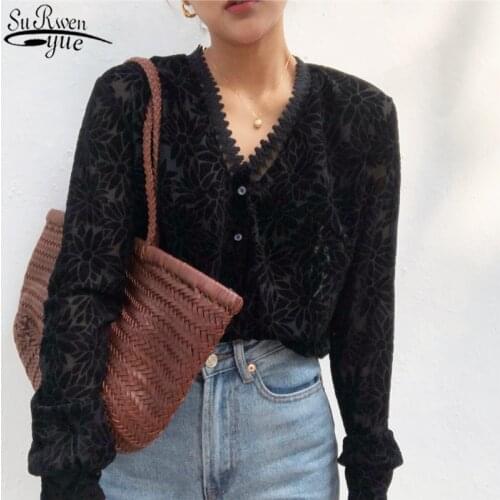 Early Autumn Black Sexy V-neck Lace Stitching Shirt Korean Chic See Through Long Sleeve Lace Womens Shirts Blusas Mujer 11358