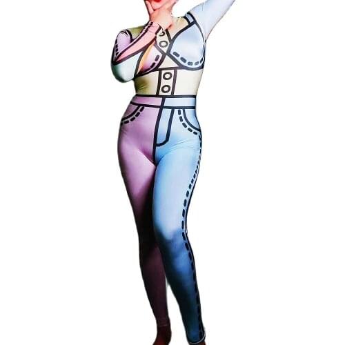 Multicolor Cartoon Printing Tights Jumpsuit Long Sleeve Stretch Outfit Personality Performance Costume Ladies Nightclub Outfit