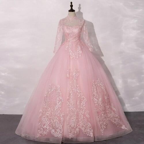 Pink Lace Embroidery Quinceanera Dress Long Sleeve High Neck Party Dress Ball Gown Vintage Vestidos Plus Size 2021
