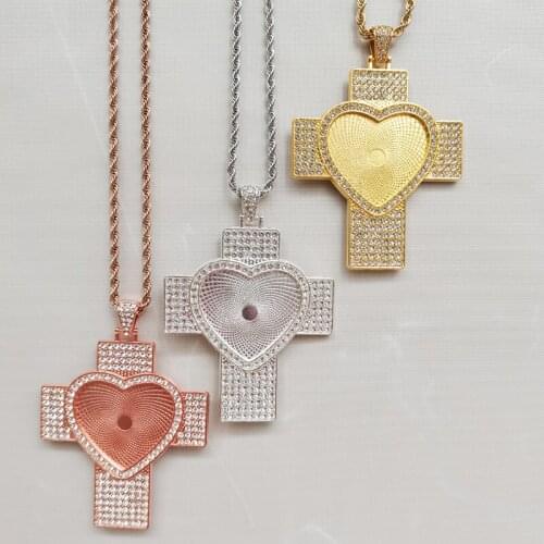 Sublimation Necklace Cross Pendant Base with Diamond Bezel Charm Heart Blank Tray DIY Jewelry Necklace