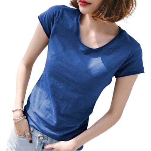 All Match Slim 100% Cotton Women T-Shirts 2021 Summer New Short-Sleeved Casaul Solid Female Buttoming Pulls Tops Tees