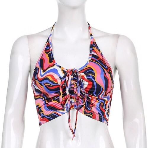 Women Pleated Straps Umbilical Halterneck Camisole Paisley Personality Fashion Printing Summer Sexy Sling Tops