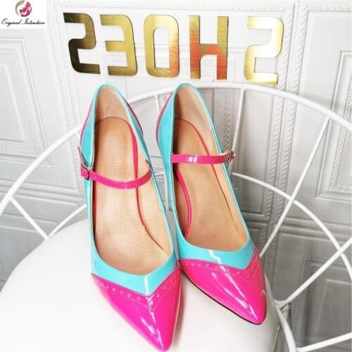 2021 Fashion Leather Women Pumps Shoes Ladies Pointed Toe Shallow Mixed Colors Thin High Heels Gladiator Sexy Buckle Strap Party