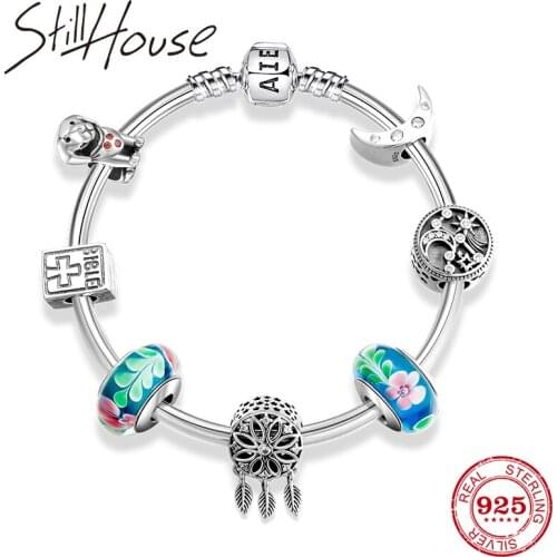 100% Real 925 Sterling Silver moom chram Bracelets for Women Fine Jewelry Glass beads dream catcher DIY Bracelets Gift