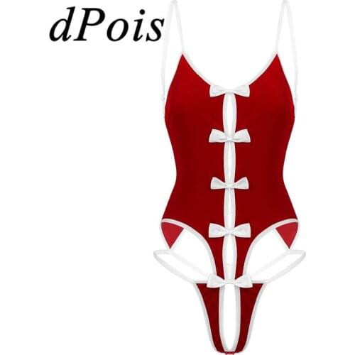 Womens Leotard One-piece Lingerie Spaghetti Straps Bowknots Back Lace Up Crotchless Teddy Bodysuit Soft Velvet Christmas Costume