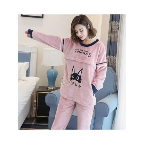Maternity Winter Thicken Fleece Sleepwear Pregnant Nursing Tops+Adjustable Pants Maternity Nightwear 2Pcs Set Pregnancy Pajama