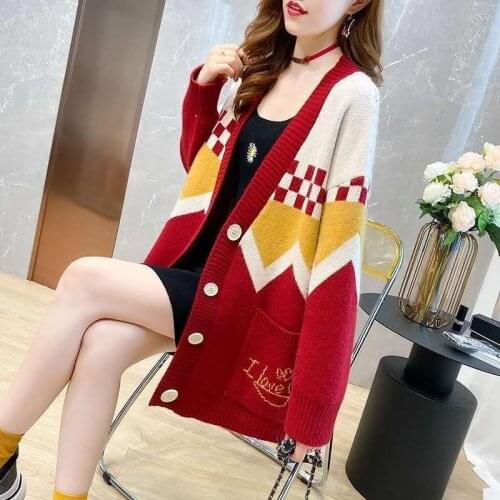 2021 autumn and winter womens new long-sleeved v-neck Korean loose sweater jacket womens knitted cardigan printed top casual