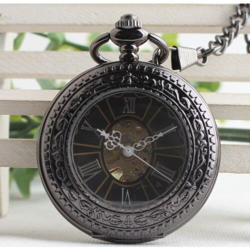 Black Hollow Vintage Semi Automatic Skeleton Mechanical Pocket Watch Chain Mens Gifts TJX100