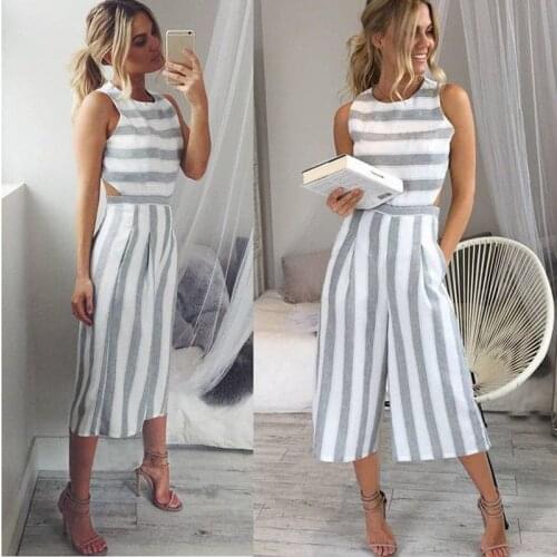 Summer Fashion Casual Women Jumpsuits Striped Slim Sleeveless O-Neck Backless Wide Leg Pants Jumpsuits