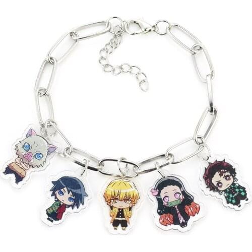 Japanese Anime Demon Slayer Bracelets Kamado Tanjirou Nezuko Metal Pendant Keychain for Men Women Halloween Jewelry Bangle Gifts