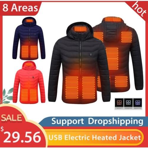 2020 Men Women USB Electric Heated jacket 8 Areas Smart Heating Coat With Cap For Fishing Skiing Motorcycle Winter Warm Clothing