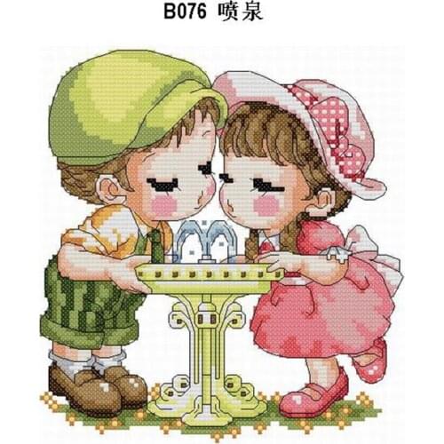 Love Toon Fountain Cross Stitch Cotton Printed Fabric Kit 11CT14CT18CT Chinese Handmade Embroidery Kit