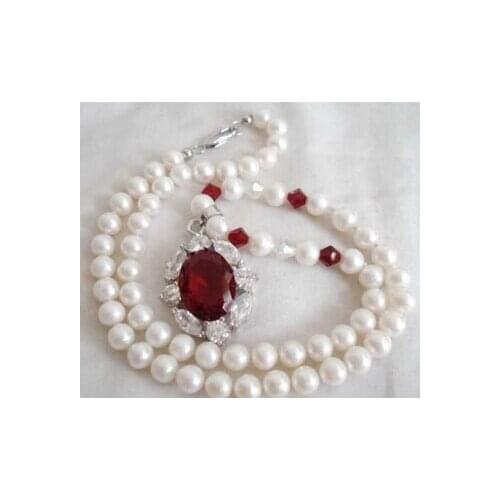 Real White Pearl Red Cubic Zirconia Ruby Crystal Pendant Necklace