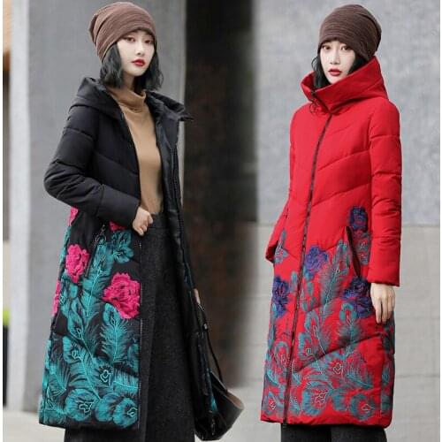 New casual jacket hooded womens winter embroidery flower thick parka fashion Oversized coat windproof and warm womens clothing