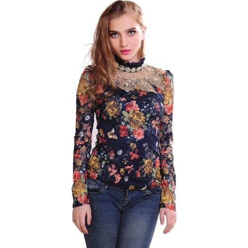Autumn Lace Diamond Women T-shirts O-Neck Long Sleeve Ladys Printed Floral Slim Type T-Shirts