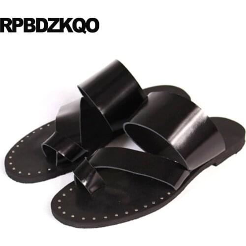 Toe Loop Slides High Quality Men Sandals Leather Summer Stud Slip On Size 45 Rivet Flat Big Large Designer Shoes Slippers Black