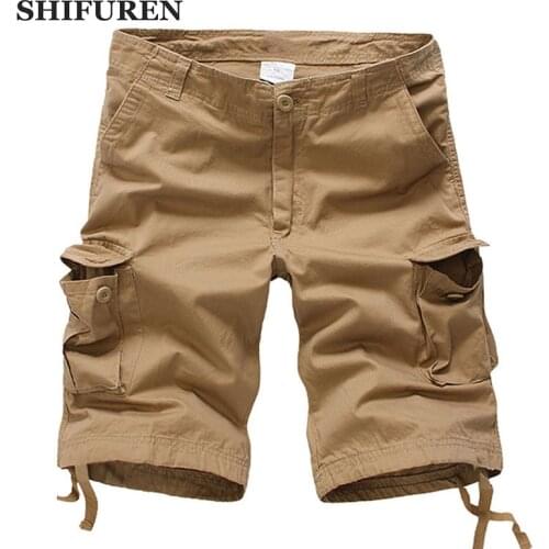 SHIFUREN 2018 Summer Men Casual Cotton Baggy Shorts Loose Fit Multi-pocket Knee Length Cotton Male Beach Shorts Big Size 30-44