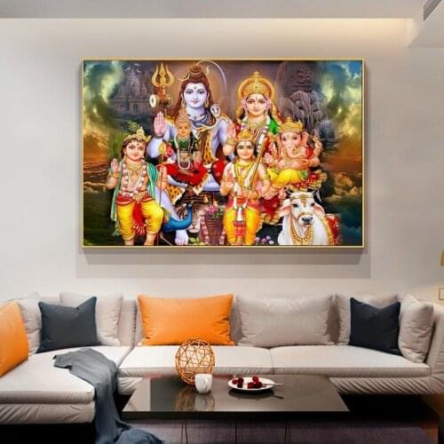 Shiva Parvati Ganesha Indian Art Hindu God Figure Canvas Painting Religious Poster and Print Wall Picture for Living Room Decor