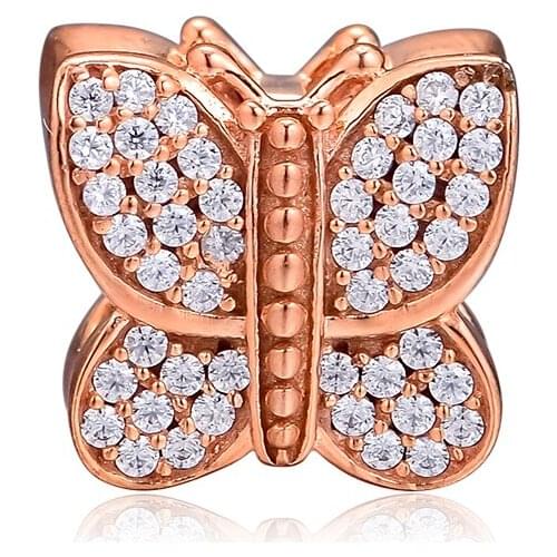 Pave Butterfly Charm Berloque 925 Sterling Silver CZ Rose Gold Beads for Jewelry Making Fits Original Bracelets DIY Jewellery