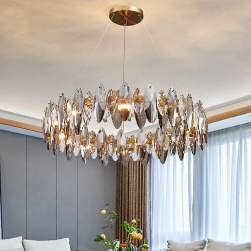 YOOGEE Modern LED Crystal Chandelier for Living Room Bedroom Hanging Lamp Indoor Lighting Luxury Smoky Gray Round Decor