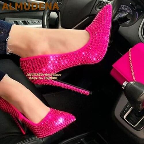 ALMUDENA Bling Bling Fuchsia Black Crystal Wedding Shoes Slip-on Pointed Toe Rhinestone Dress Pumps Shining Evening Heels Women