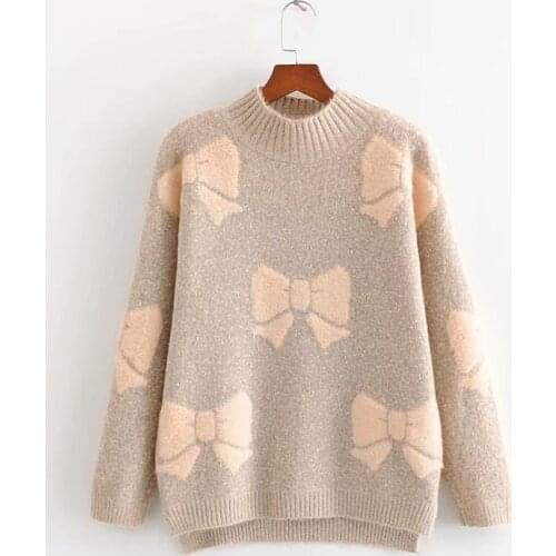 Urifens Turtleneck Long-sleeved Small Fresh Sweater Women 2021 Female Bowknot Pattern Jacquard Bottom Knitted Pullover LBJ2832