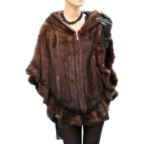 High Quality Mink Fur Hand Knitted Womens Real Fur Coats Hooded Natural Fur Jackets Ponchos And Capes Black/Brown DA-68