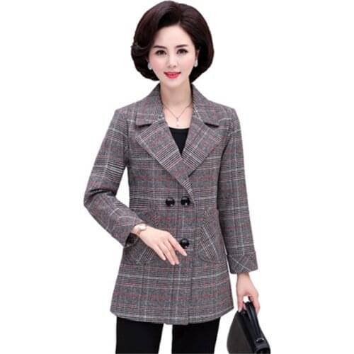 Middle-aged spring and autumn womens jacket new loose large size double-breasted woolen plaid TB190228