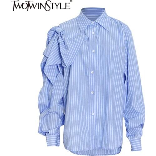 TWOTWINSTYLE Casual Stripe Colorblock Shirt Female Lapel Collar Long Sleeve Patchwork Bow Shirts For Women 2021 Autumn Clothing