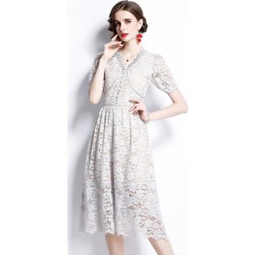 Women Summer Dresses Lace Office Lady A-LINE Ankle-Length Women Elegant Dresses V-Neck COTTON Party 2021 New Women Dresses