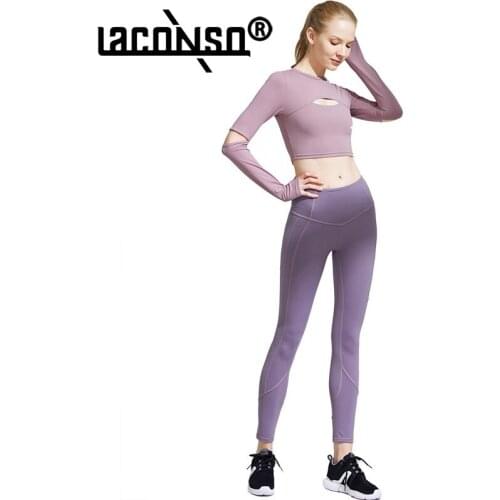 LACONSO Womens Set Clothing Suit Sports Leggings Gym Yoga Outfit Top With Bra Sportswear Summer Female Workout Home Fashion