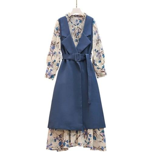 Women Office Dress Suits Floral Print Chiffon Dress with Long Belt Vest Coat 2 Piece Sets Women Traje Elegante Mujer