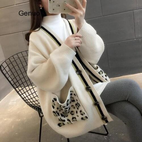 Women V Neck Cardigan AutumnWinter Long Knitted Loose Sweaters With Pockets Oversize Pull Femme Warm Jackets