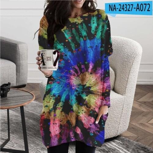 Color Tie-dye Print Christmas Style Personality Autumn Short Dress Long Sleeve O-neck Casual Loose Large Size 4XL Women Dresses