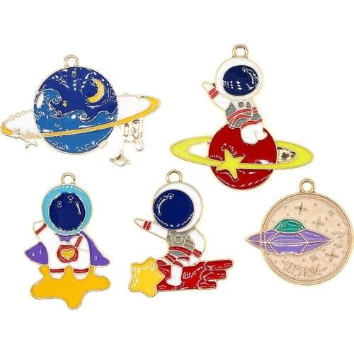 5pcs/lot 38*26mm Enamel spacecraft Star Astronaut Moon planet Spaceship Charms For Earrings Bracelet DIY Jewelry Making Finding