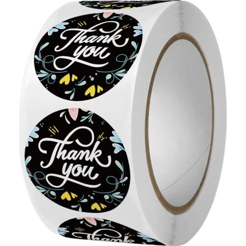 500pcs/roll Black Label Handmade Stickers Floral Thank You Stickers Envelope Seal for Wedding Favors and Party Kawaii Stickers