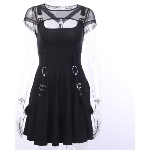 Hollow Out Mesh O Neck Short Sleeve Buckle Decoration Black Pleated Dress Women Gothic Streetwear Sexy Dresses Party Night Club