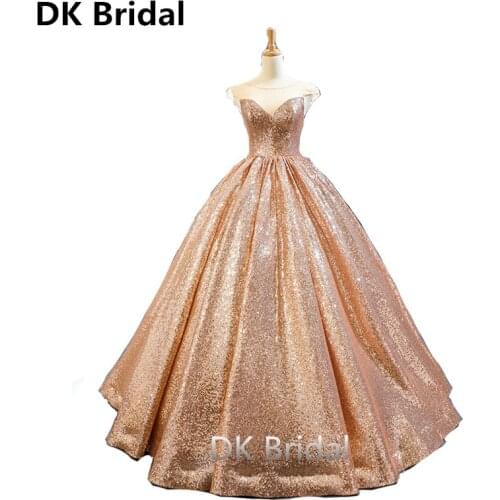 Shiny Champagne Swollen Evening Dress 2019 O-neck Sleeveless Floor Length Elegant Prom Party Dress vestidos de fiesta de noche